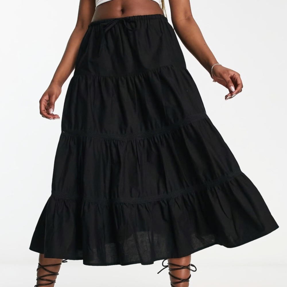 Reclaimed Vintage Elasticized Waist Prairie Midi Skirt in Black